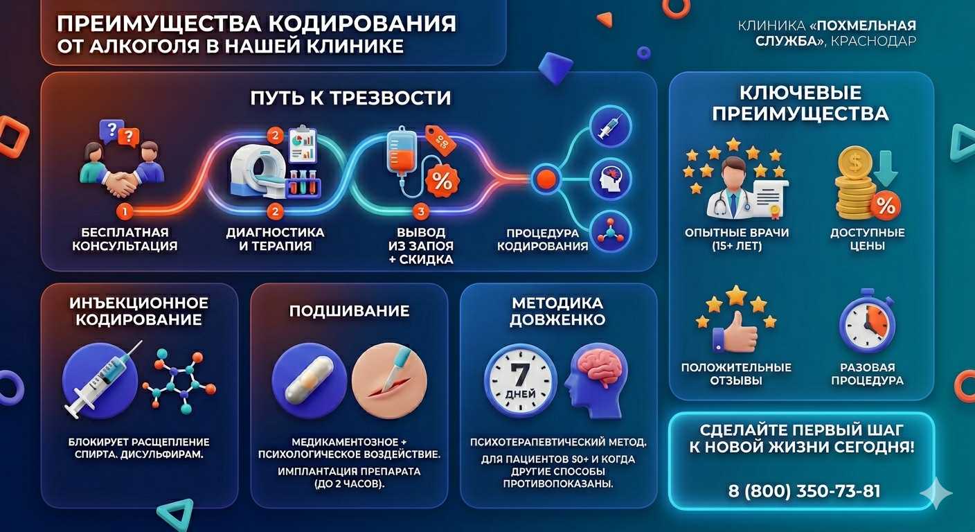 Инфографика о методах кодирования от алкоголя в Колпино: инъекции, подшивание, метод Довженко. Преимущества клиники и этапы лечения.
